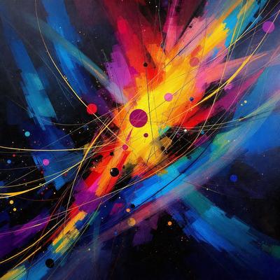 The primary subject of the image is a colorful, abstract painting featuring a variety of shapes, colors, and patterns. The setting is a black background, which contrasts with the vibrant colors and shapes of the painting. The visual style is a mix of digital art and illustration, creating a dynamic and engaging piece of art. The dominant colors and overall atmosphere of the painting are energetic, lively, and full of creativity.